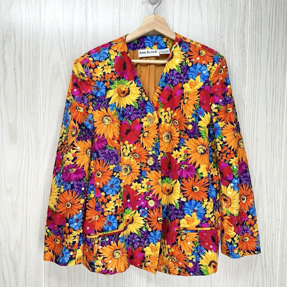 Anne‎ Klein II Blazer Jacket Womens 12 Floral Button Front Long Sleeve Sequin